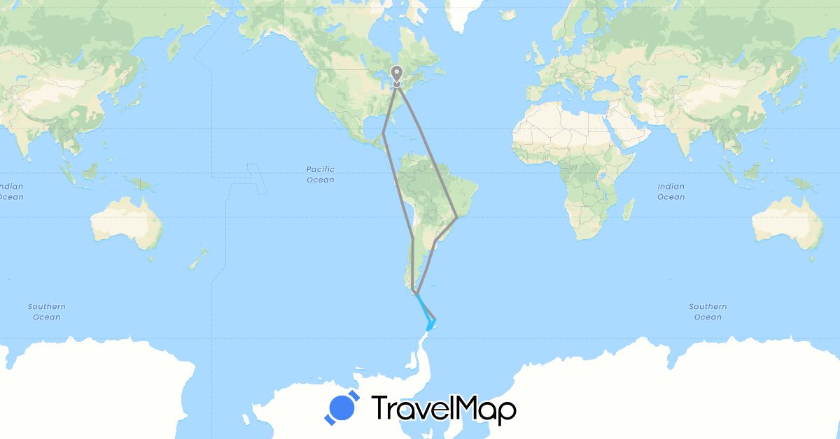 TravelMap itinerary: driving, plane, boat in Antarctica, Argentina, Brazil, Canada, Chile, Mexico (Antarctica, North America, South America)